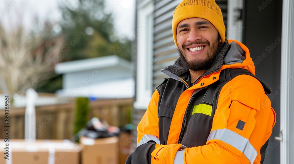 Smiling delivery driver at the customer doorstep providing excellent service Smiling delivery driver at the customer doorstep providing excellent service
