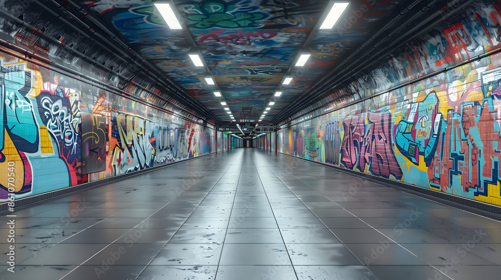 Fototapeta premium Empty underground subway station with graffiti wall abstract background. Idea for artistic pop art background backdrop. Empty open space interior background. Template 3d rendering