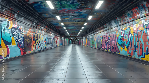 Fototapeta Naklejka Na Ścianę i Meble -  Empty underground subway station with graffiti wall abstract background. Idea for artistic pop art background backdrop. Empty open space interior background. Template 3d rendering