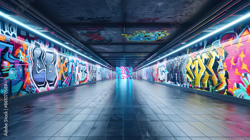 Fototapeta Naklejka Na Ścianę i Meble -  Empty underground subway station with graffiti wall abstract background. Idea for artistic pop art background backdrop. Empty open space interior background. Template 3d rendering