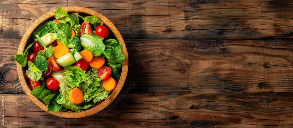 mixed vegetables in wooden bowl on kitchen table, top view. Copy space image. Place for adding text or design mixed vegetables in wooden bowl on kitchen table, top view. Copy space image. Place for adding text or design