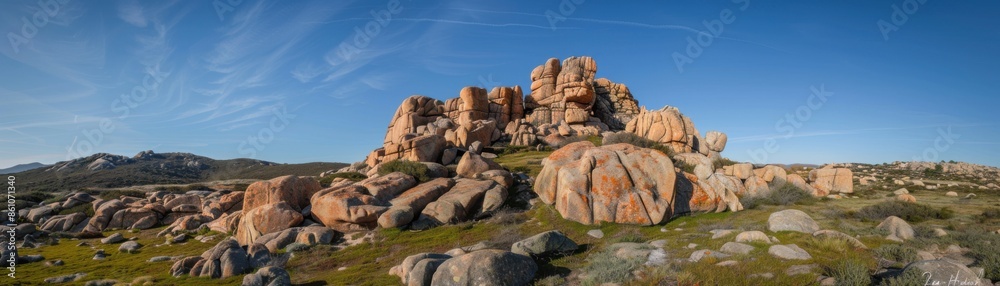 A rocky hillside with a large rock in the foreground A rocky hillside with a large rock in the foreground