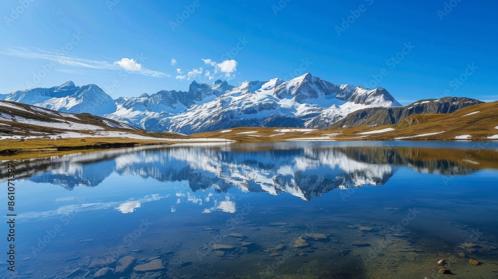 A beautiful mountain lake with a blue sky in the background A beautiful mountain lake with a blue sky in the background