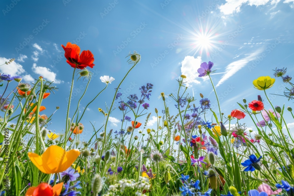 A field of flowers with a blue sky in the background