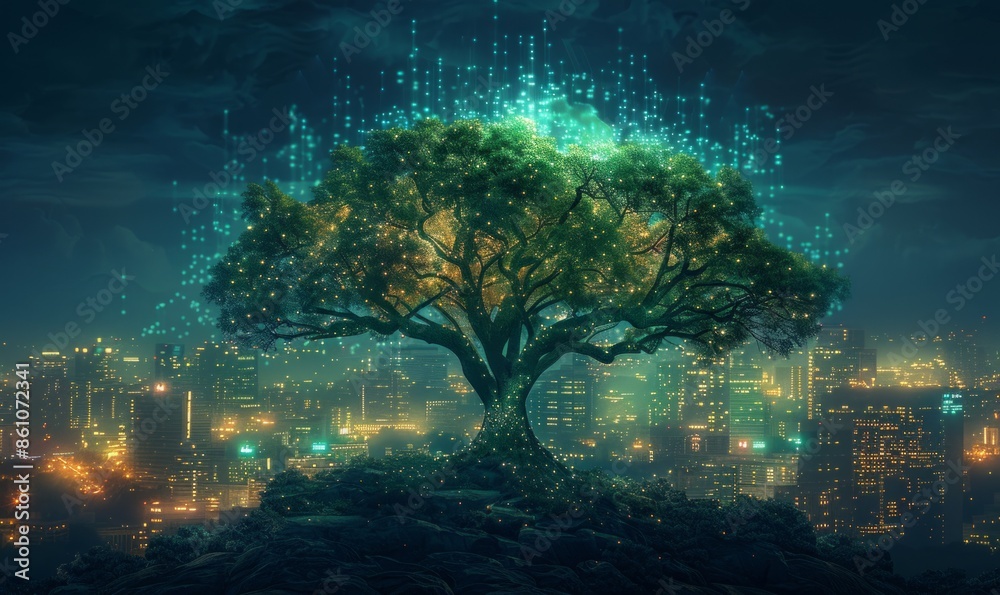 Obraz premium beautiful glowing tree growing on cities representing digital technology