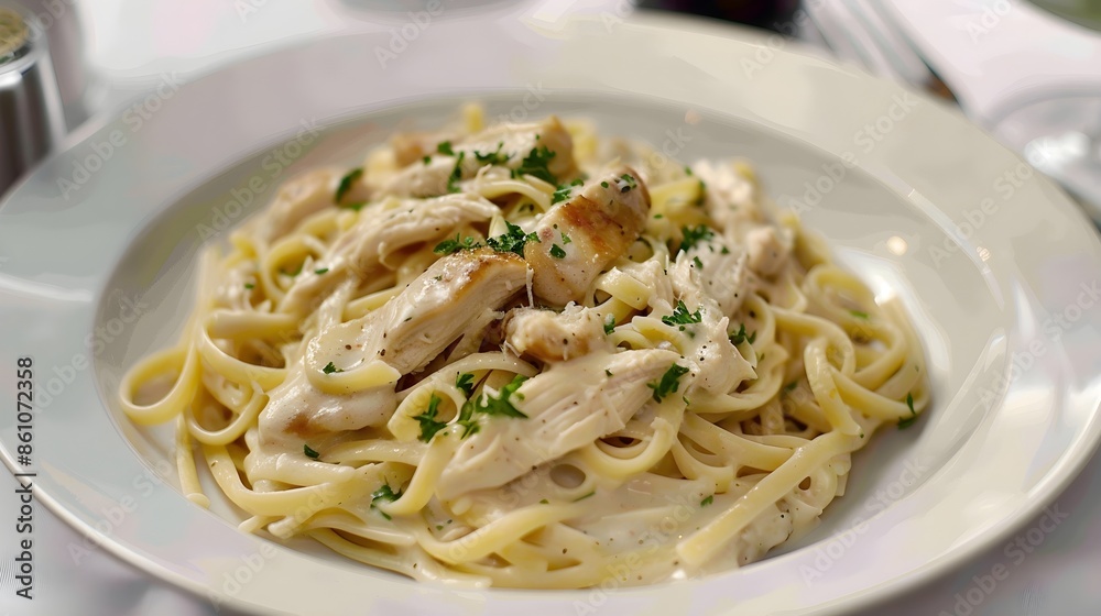 Cream chicken Pasta Spaghetti noodles, on a plate Plain and rustic vibe background, Banner wallpaper healthy lifestyle, HD Food photography, menu concept, home cooked Cream chicken Pasta Spaghetti noodles, on a plate Plain and rustic vibe background, Banner wallpaper healthy lifestyle, HD Food photography, menu concept, home cooked