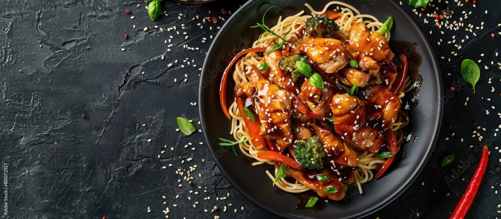 Chicken teriyaki on dark background with balsamic sauce and sesame seeds. Asian food. Noodles. Top view. Copy space image. Place for adding text or design Chicken teriyaki on dark background with balsamic sauce and sesame seeds. Asian food. Noodles. Top view. Copy space image. Place for adding text or design