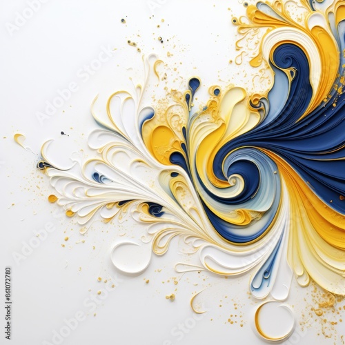 Abstract fluid art with blue, yellow, and white swirls