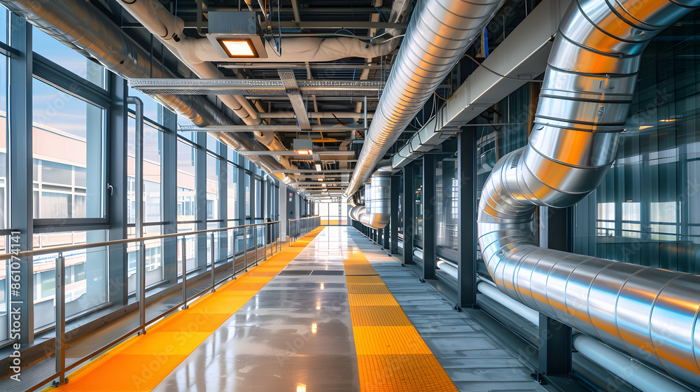 Installation of HVAC system in industrial building showing pipes and equipment for heating cooling and air circulation. Concept HVAC Installation, Industrial Building, Pipes and Equipm Installation of HVAC system in industrial building showing pipes and equipment for heating cooling and air circulation. Concept HVAC Installation, Industrial Building, Pipes and Equipm