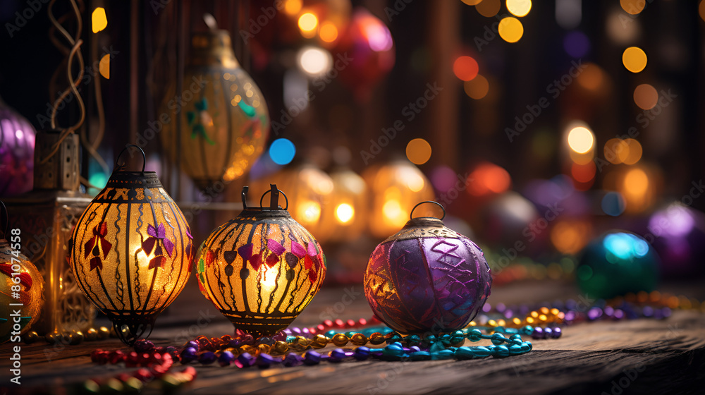  Festive Christmas lights and decorations displayed on a wooden table.
