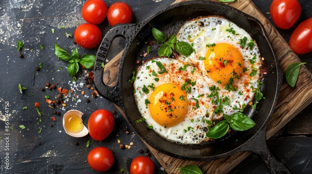 Fried eggs with seasoning in a cast iron frying pan on a wooden board. The eggs are decorated with herbs and seasonings, and several cherry tomatoes lie nearby. Fried eggs with seasoning in a cast iron frying pan on a wooden board. The eggs are decorated with herbs and seasonings, and several cherry tomatoes lie nearby.