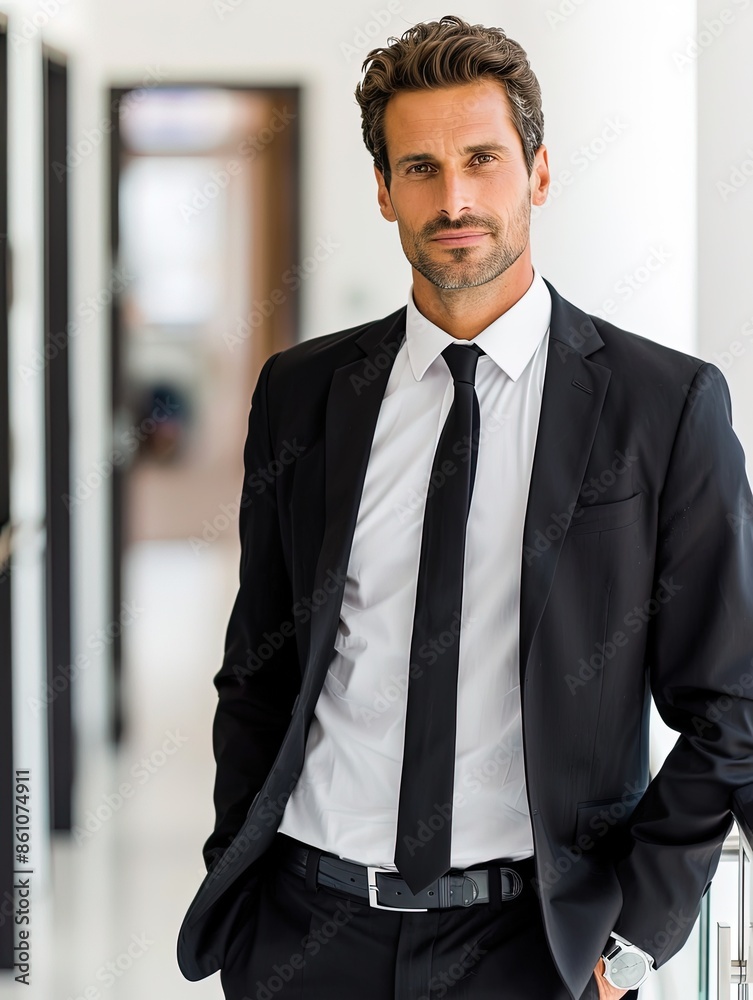 Engaging Portrait of a Formal Dressed Man in Staircase Hallway Engaging Portrait of a Formal Dressed Man in Staircase Hallway
