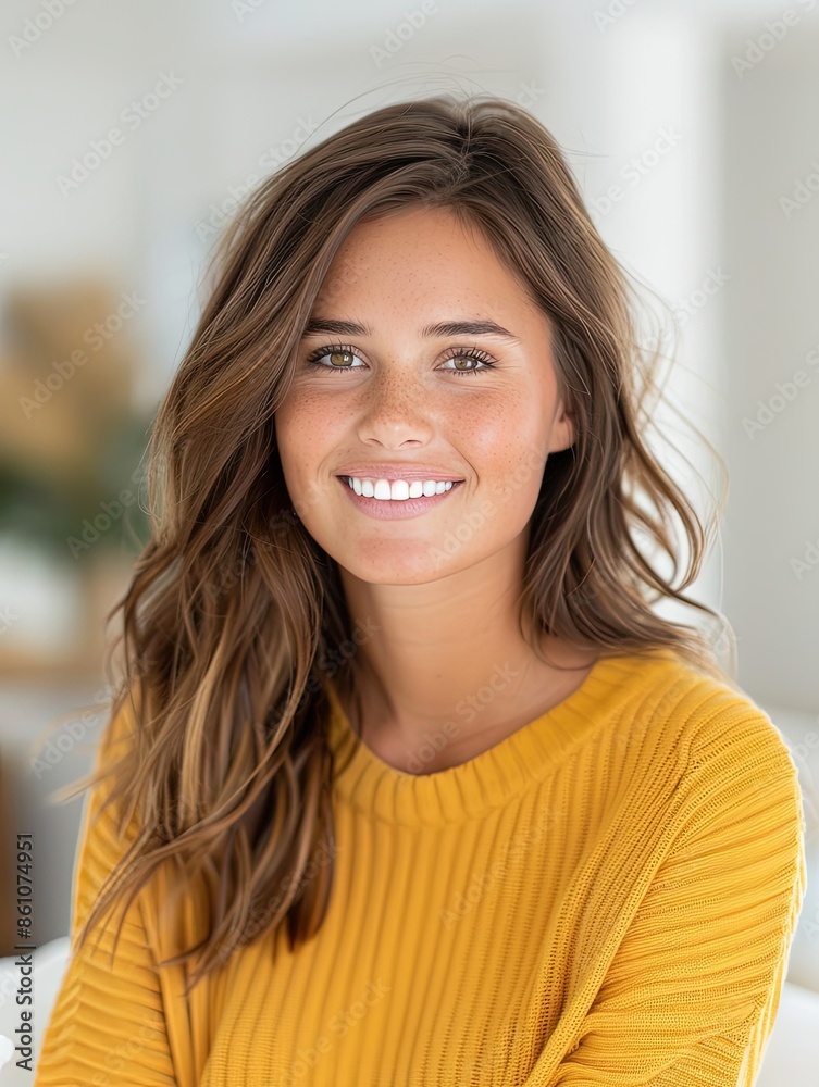 Young Woman Smiling in Yellow Sweater Indopressent Setting Young Woman Smiling in Yellow Sweater Indopressent Setting