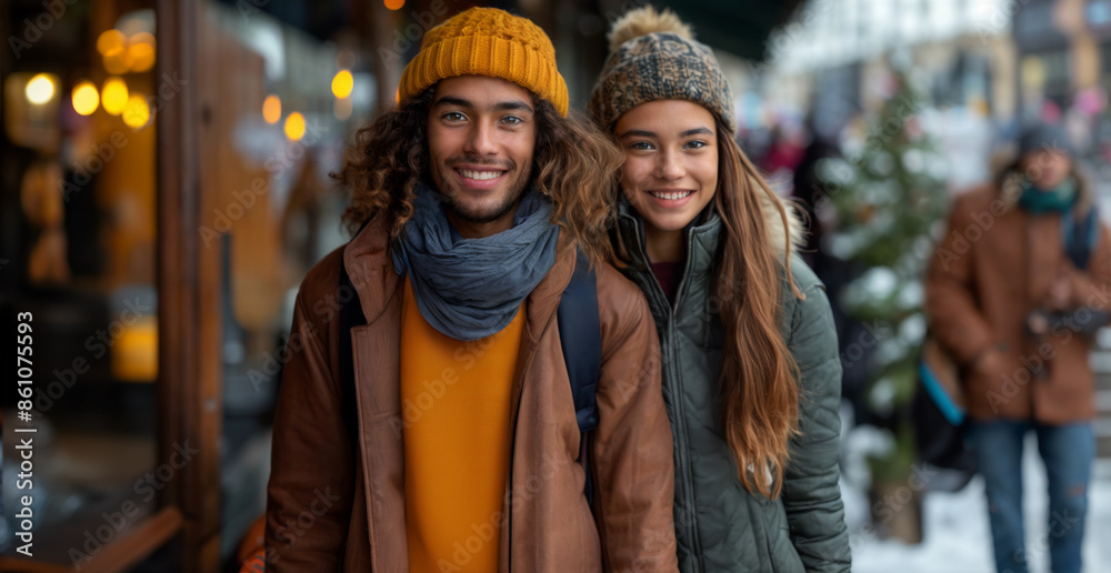 Obraz premium Young multiracial couple in warm clothes smiling for the camera in a winter scene
