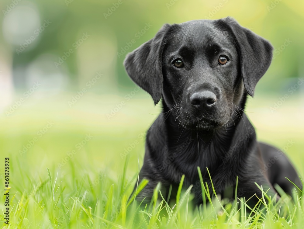 Peaceful Black Dog Lying Gracefully on Green Grass Peaceful Black Dog Lying Gracefully on Green Grass