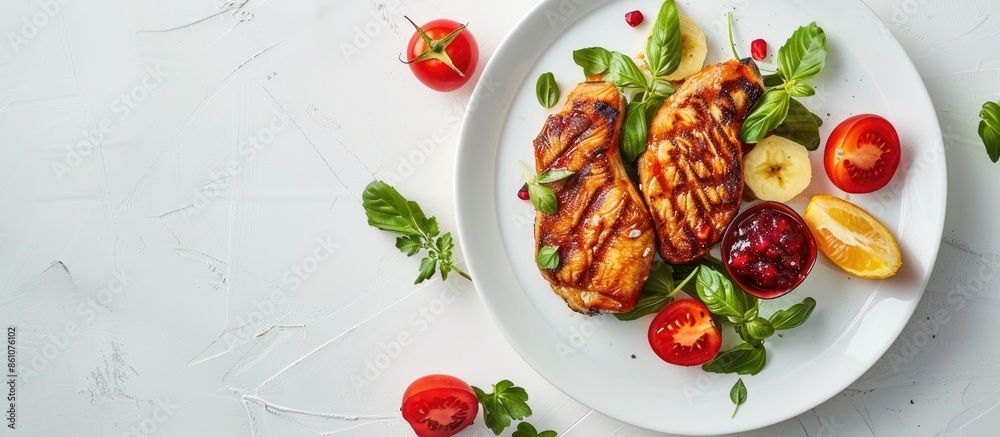 Grilled meat with fruit and jam pastel background Food. with copy space image. Place for adding text or design Grilled meat with fruit and jam pastel background Food. with copy space image. Place for adding text or design