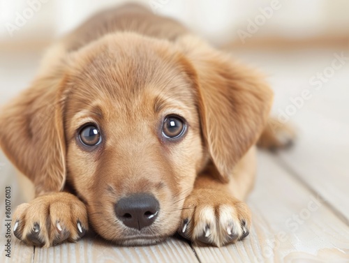 Tan Puppy Lying on Light Wooden Floor