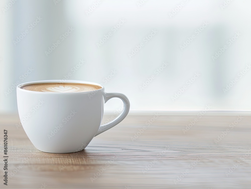 White Coffee Cup With Visible Cream on Wooden Table and Window in Bright Daylight White Coffee Cup With Visible Cream on Wooden Table and Window in Bright Daylight