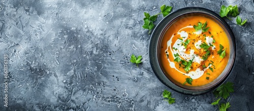 Pumpkin and carrot soup with cream on grey stone background. Close up. Top view. Copy space image. Place for adding text or design