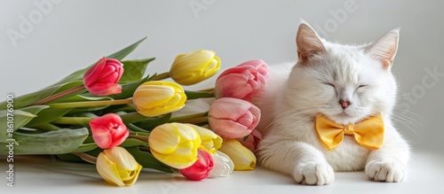 white cat in a yellow bow t...