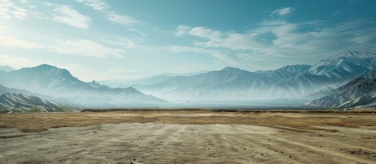 A wide-angle ground with a clear sky and mountainous background for vehicles or products placement. Copy space image. Place for adding text or design