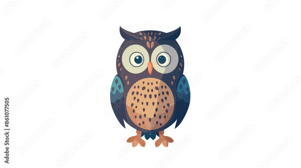 Fototapeta premium Colorful cartoon owl illustration with wide eyes and brown feathers, perfect for children's books, educational materials, and playful designs. Isolated on transparent background.