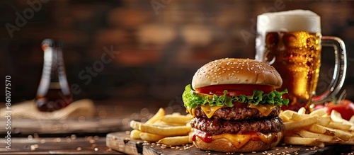 beer and burgers on wooden ...