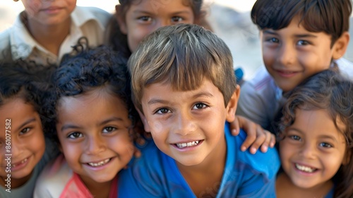 A group of happy children with bright smiles huddle closely together, exuding joy and friendship.