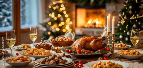 Christmas meal served on the table, Baked turkey with salads cakes and bread on the side with christmas decoration background