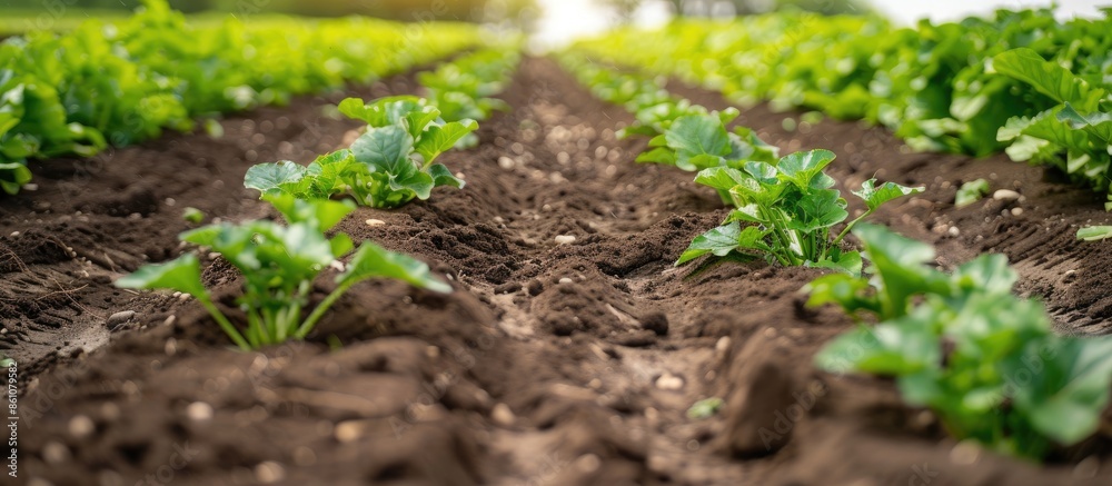 Tidy rows of sugar beets in perspective in fertile soil on an agricultural field. Sugar beet cultivation. Agricultural process. Copy space image. Place for adding text or design Tidy rows of sugar beets in perspective in fertile soil on an agricultural field. Sugar beet cultivation. Agricultural process. Copy space image. Place for adding text or design