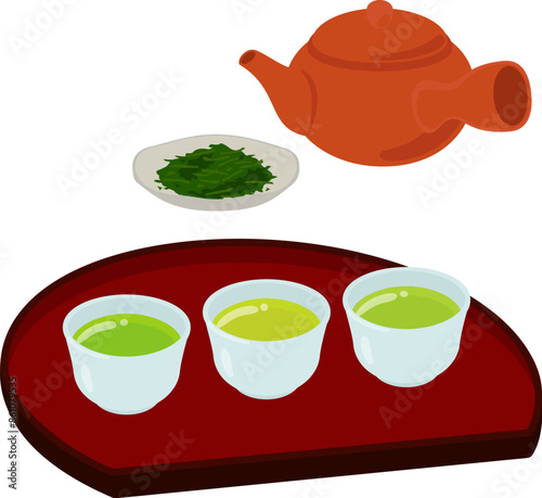小さい湯呑みに注いだ3種類の緑茶、飲み比べ