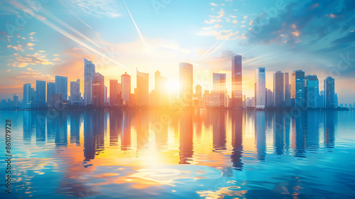 Picture of modern skyscrapers of a smart city, futuristic financial district with buildings and reflections , blue color background for corporate and business template with warm sun