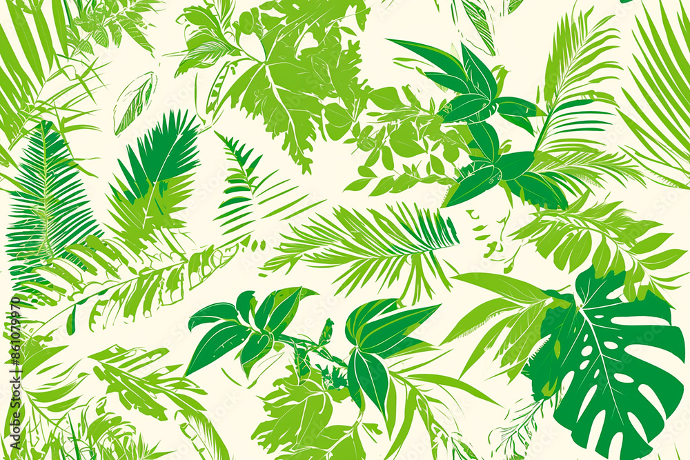 Tropical leaves in varying shades of green creating a lush seamless pattern on a light background. Perfect for nature-inspired designs. Tropical leaves in varying shades of green creating a lush seamless pattern on a light background. Perfect for nature-inspired designs.