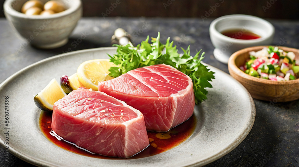 Tuna sashimi on black background, Fresh tuna filet or steak, Raw tuna steak and herbs on a white plate Tuna sashimi on black background, Fresh tuna filet or steak, Raw tuna steak and herbs on a white plate