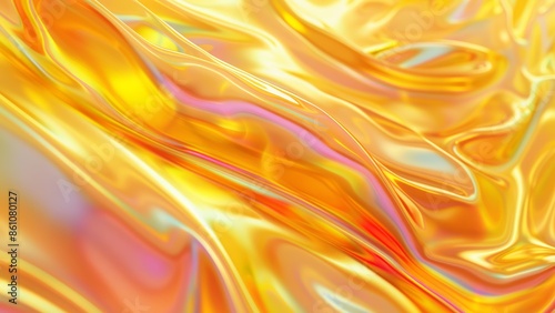 abstract metalic 3D wallpaper with liquid and wavy yellow gradient shapes and forms with orange accents