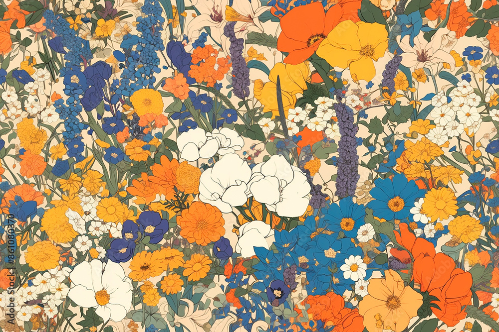 Seamless floral pattern with vibrant flowers in various colors on a light background. Colorful and lively design for fabrics and wallpapers. Seamless floral pattern with vibrant flowers in various colors on a light background. Colorful and lively design for fabrics and wallpapers.