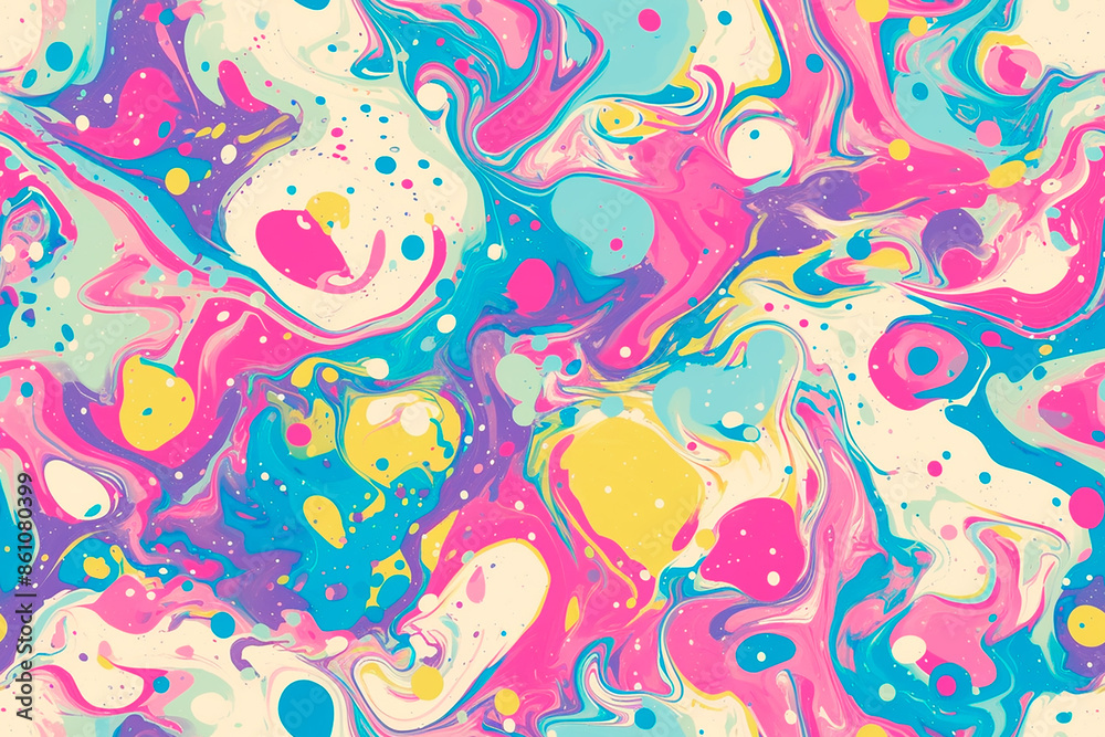 A colorful seamless pattern with abstract shapes and splashes in pink, blue, yellow, and green, evoking a playful and energetic mood.