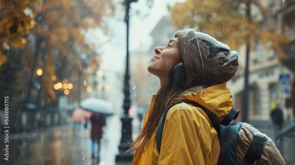 Content woman in stylish rain gear admiring the rain-soaked cityscape, fully enjoying the autumnal atmosphere Content woman in stylish rain gear admiring the rain-soaked cityscape, fully enjoying the autumnal atmosphere