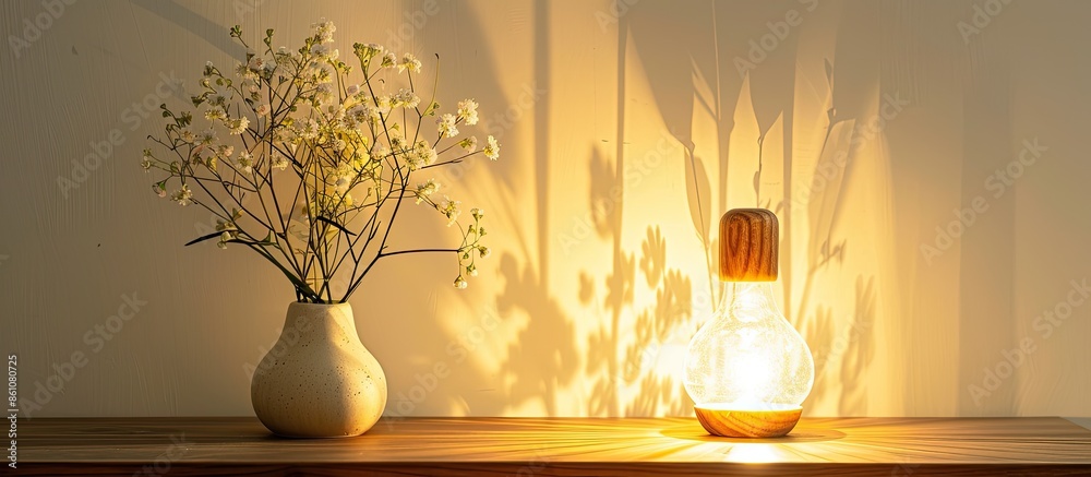 Stylish catalytic lamp with gypsophila on table in room. Cozy interior. Copy space image. Place for adding text and design Stylish catalytic lamp with gypsophila on table in room. Cozy interior. Copy space image. Place for adding text and design