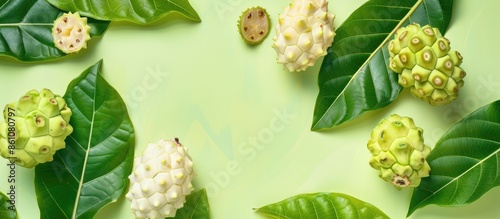 Fresh noni overlapping on noni leaves Isolated on pastel background. Copy space image. Place for adding text and design