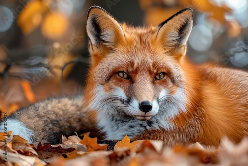 A beautiful red fox lies on the forest floor surrounded by autumn leaves, showcasing its vibrant fur and striking eyes.