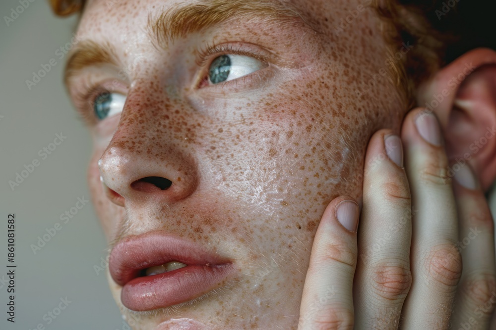 man dealing with a face skin issue, such as eczema on a light background. ai generative man dealing with a face skin issue, such as eczema on a light background. ai generative