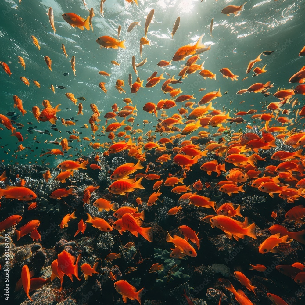 A vibrant school of orange fish swim through a coral reef, bathed in sunlight. A vibrant school of orange fish swim through a coral reef, bathed in sunlight.