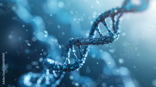 A close-up of a blue DNA double helix strand, with a blurred background of blue particles.