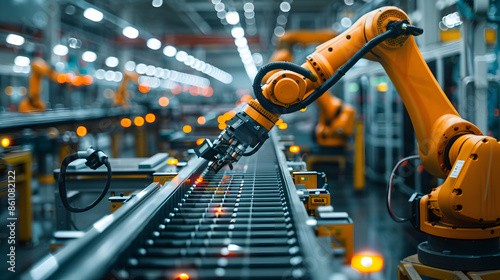 Robotic arm in orange at a giga factory assembling electric vehicle batteries supporting green energy and net zero carbon emissions by 2050. Concept Robotics, Giga Factory, Electric