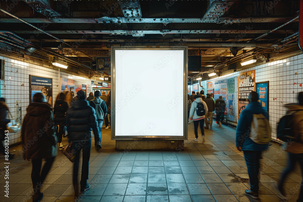 Commuters walking past a large, illuminated advertisement board in a subway station Commuters walking past a large, illuminated advertisement board in a subway station