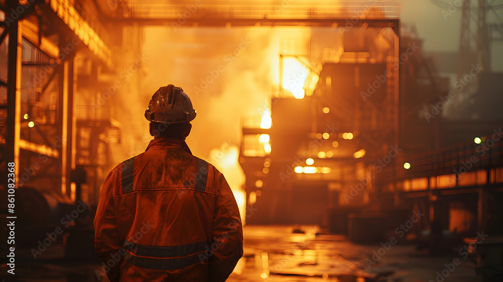 Safety and environmental impact background of a worker in the steel mill. Concept Steel Industry, Worker Safety, Environmental Impact, Industrial Operations, Occupational Hazards Safety and environmental impact background of a worker in the steel mill. Concept Steel Industry, Worker Safety, Environmental Impact, Industrial Operations, Occupational Hazards