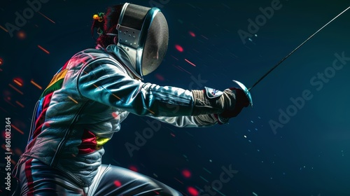 A fencer in action, wearing a colorful uniform, poised with a foil, against a blue and black background. photo