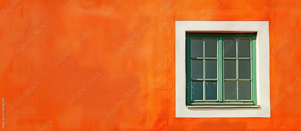 Green window with white frame on orange wall in vintage style. Copy space image. Place for adding text and design Green window with white frame on orange wall in vintage style. Copy space image. Place for adding text and design