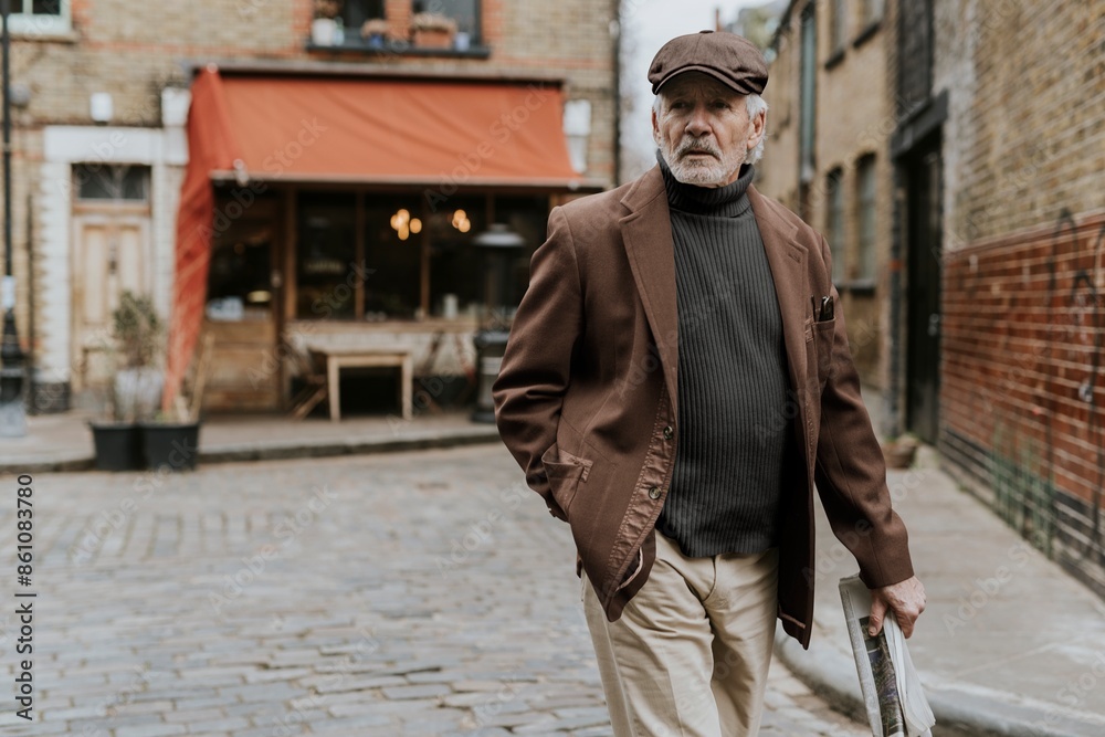 Gentleman walking on cobblestone street Gentleman walking on cobblestone street